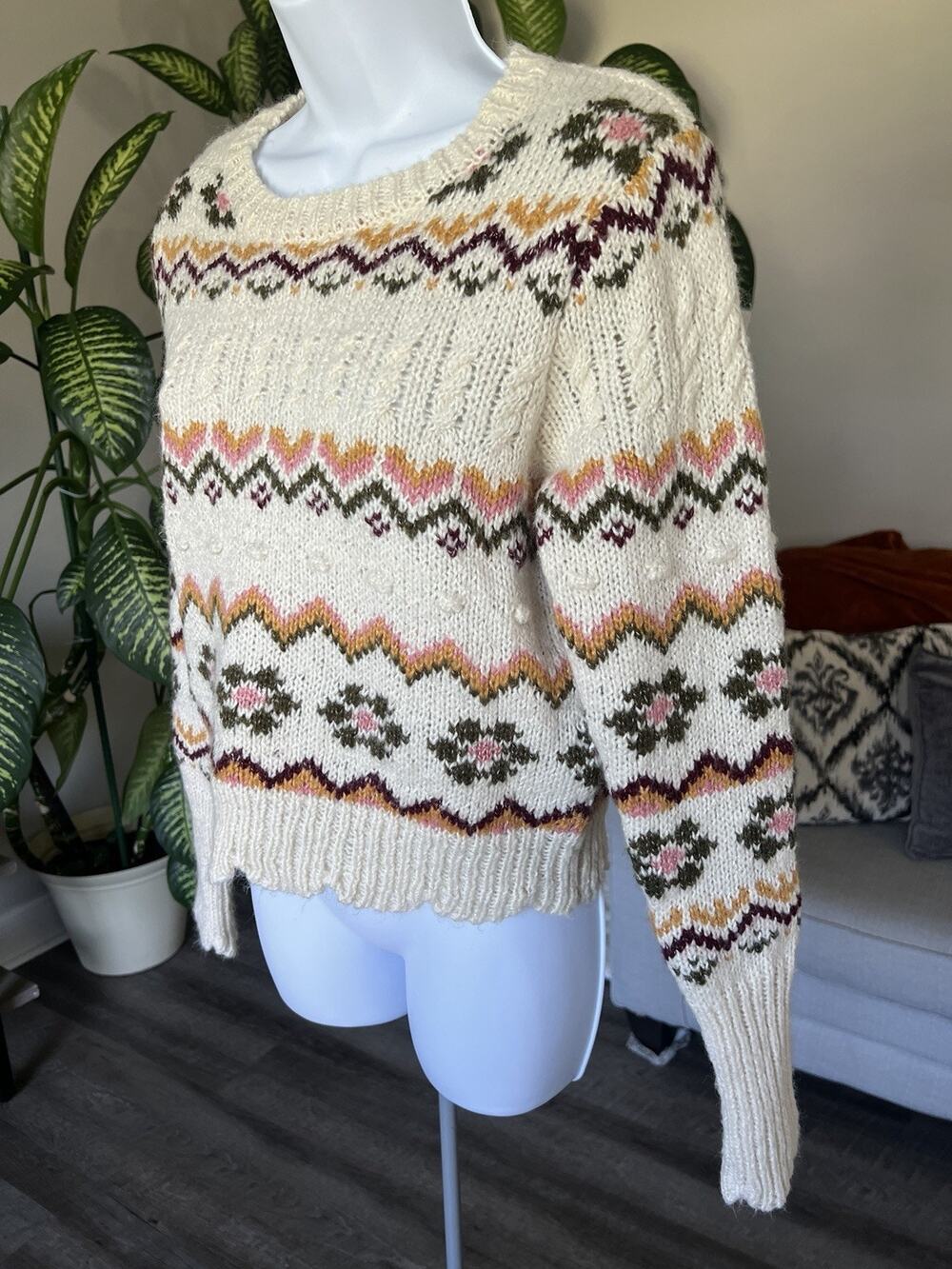 Philosophy Acrylic Blend Fair Isle Sweater Small Cream Cabin Knit #1022